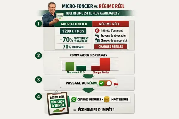 Comparaison entre micro foncier et régime réel. Le régime réel permet une réduction d'impôt grâce aux charges déduites.