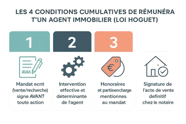 Résumé loi Hoguet : 4 conditions pour la rémunération d'un agent : mandat écrit, intervention déterminante, honoraires mentionnés, acte de vente signé.