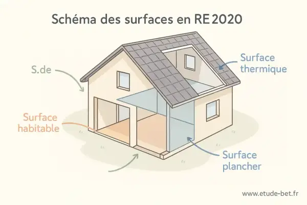 Schéma RE 2020 : la surface habitable d'une maison est délimitée.
