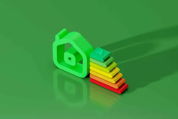 Icône de maison verte à côté d'une échelle d'efficacité énergétique. L'augmentation de loyer sans DPE est une préoccupation.