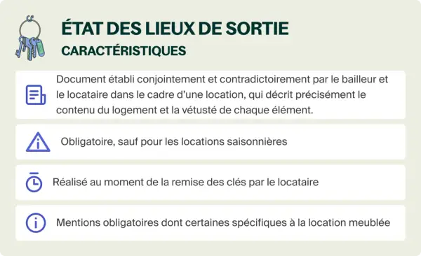 État des lieux de sortie : document décrivant le logement et son contenu, établi à la remise des clés. Obligatoire sauf locations saisonnières.