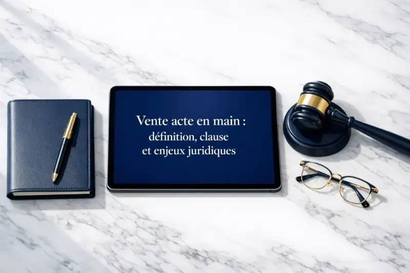 Tablette affichant "Vente acte en main : définition, clause et enjeux juridiques", à côté d'un carnet, d'un stylo, d'un maillet et de lunettes.
