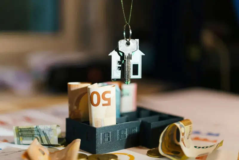 Clé d'une maison miniature suspendue au-dessus de billets d'euros roulés, symbolisant l'estimation taxe foncière.